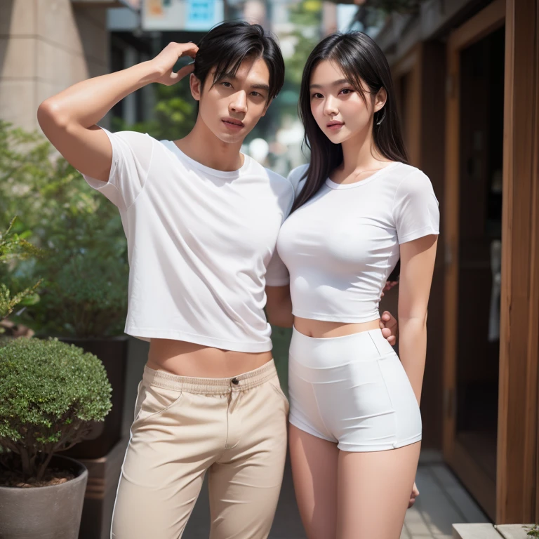 1 male, 1 female, (male model hugging female model, hugging chest and buttocks kissing neck: 1.2, female model sticking out her tongue, intimate relationship: 1.2), Araf woman in pink top and jeans and handsome male model, Korean female fashion model, photo of slim girl model, wearing tight simple clothes, thin waist and thick buttocks: 1.1, gorgeous young Korean woman wearing sexy cropped top in crop top with crop top, Korean girl, casual clothing style, 2 4 old female model, Beautiful Korean Woman, HD, 16k, Realistic, Small Round Face: 1.0, Realistic Perfect Face and Skin, Detailed Beautiful Glasses, Double Eyelids, Long Eyelashes, Swollen Eyes, Realistic Face and Eyes, Facial Light, Super Detailed Facial Details, Lip Gloss, Blush: 1.0, Brand Open Crop Top (Pink, Open V-Neck, Super Realistic Detailed Clothes: 0.8, Huge Boobs: 1.5, Perfect Breasts and Nipple Bulge: 1.5), High-end brand skinny jeans ((super realistic detailed jeans: 0.6)), perfect big boobs, perfect breasts, perfect waist, perfect buttocks, (female model pose enchanting, beautiful, sexy: 1.0), (round calves: 1.2), (white and tender toes: 1.2, wearing high-end designer crystal sandals (stiletto heels: 0.5)), realistic and stylish shawl hair, shoulder length: 1.0, smile and teeth: 1.0, handsome male model: 1.0, private shooting, private shooting, Background ((super luxurious villa, green grounds, buffet table, swimming pool, poolside umbrellas and beach chairs)), dating a male model: 1.2, dancing gracefully: 1.5, autofocus: 1.2, diverse posture, clear, armpits, full body shot: 1.5