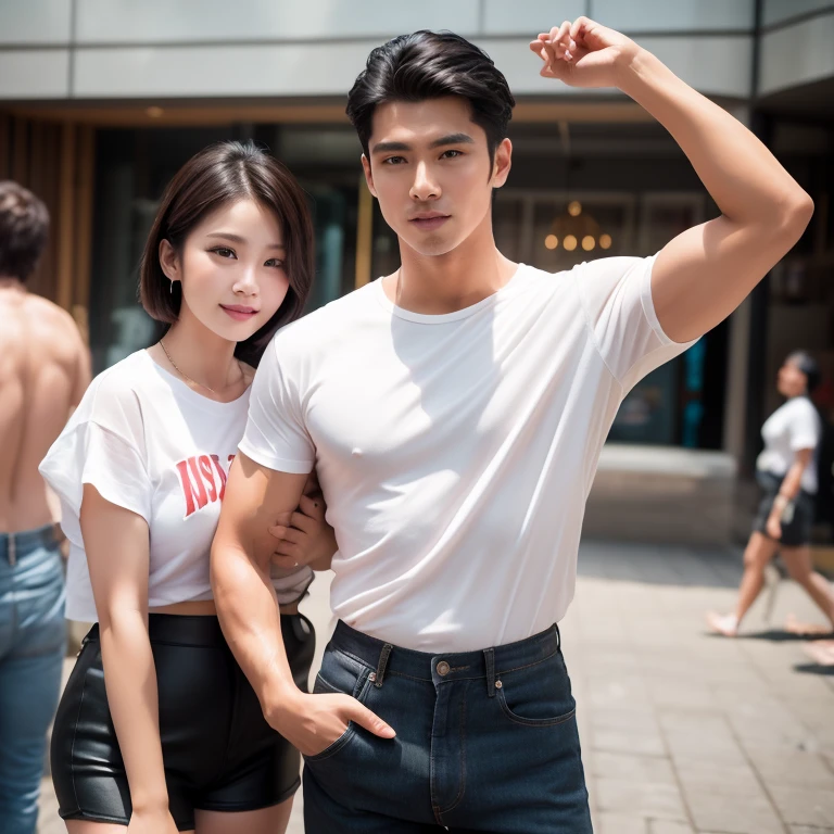 masterpiece,highest quality,High resolution,Full Body View,White jacket,Red innerwear,Belly button,Belted denim mini shorts,The heroine in white cowboy boots,Perfect Legs,Perfect Skin,Perfect Arms,Abdominal muscles,The background is an abandoned factory