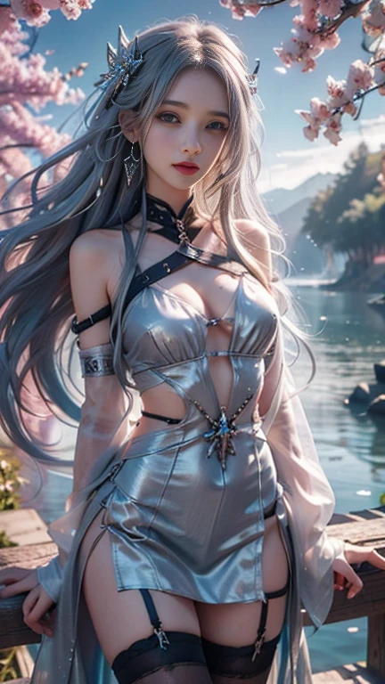 8K, ultra hd, masterpiece, hd color, 1 girl, perfect face, very long curly hair, detailed eyes, she wears silver dress, ((silver clothes)), stockings, (( criss-cross lace)), sardine, straps, clothing net, ((long loop)), jewelry, seaside, Realistic landscape, majestic landscape, standing in front of the night, evening, Butterfly , cherry blossoms, blowing wind, perfect posture, sexyly poses,