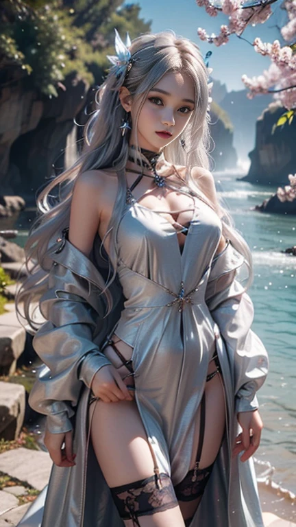 (Extreme Detail CG Unity 8K wallpaper, masterpiece, highest quality), (Exquisite lighting and shadow, highly dramatic picture, Cinematic lens effect), a beautiful girl in a white Spider-Man costume, white lingerie, silver gray hair color, long hair, from the Spider-Man parallel universe, Wenger, Marvel, Spider-Man, on the beach, very beautiful face, dynamic pose), (excellent detail, excellent lighting, wide angle), (excellent rendego on beach, enough to stand out in its clasocus on white Spider-Man costumes, complex spider textures