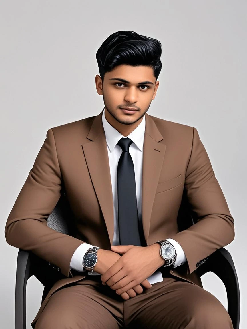 18 years old Indian bihari handsome thin data scientist boy where he wearing pink suit & white pant and sitting in his office and a data chat in background wall.