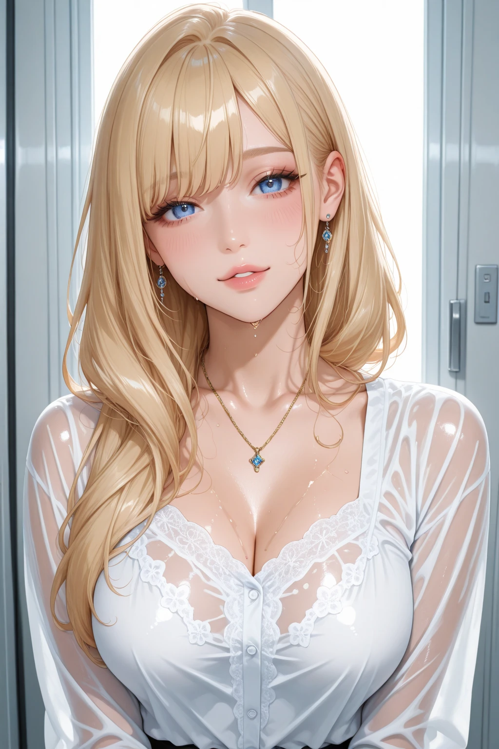 (best quality, highres, realistic), portrait, elegan woman, blue eyes, blonde hair, 8k resolution, beautiful cg, soft light