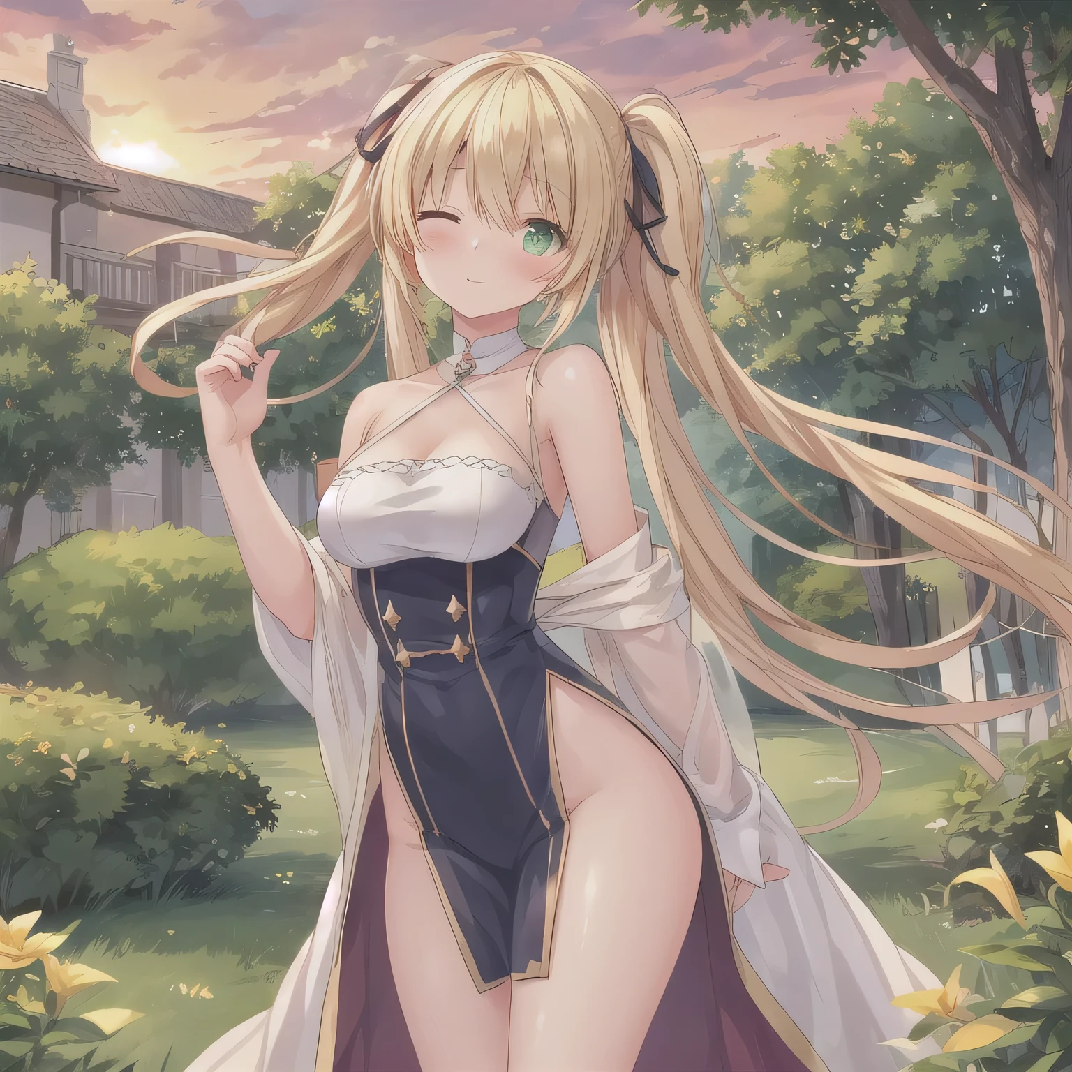 top quality, very delicate and beautiful, (girl in her late s), white ribbon, alone, white slingshot swimsuit, standing, smile, blue-green eyes, blonde that reaches the waist, blonde, black combat boots, Her Majesty the Queen, noble,
