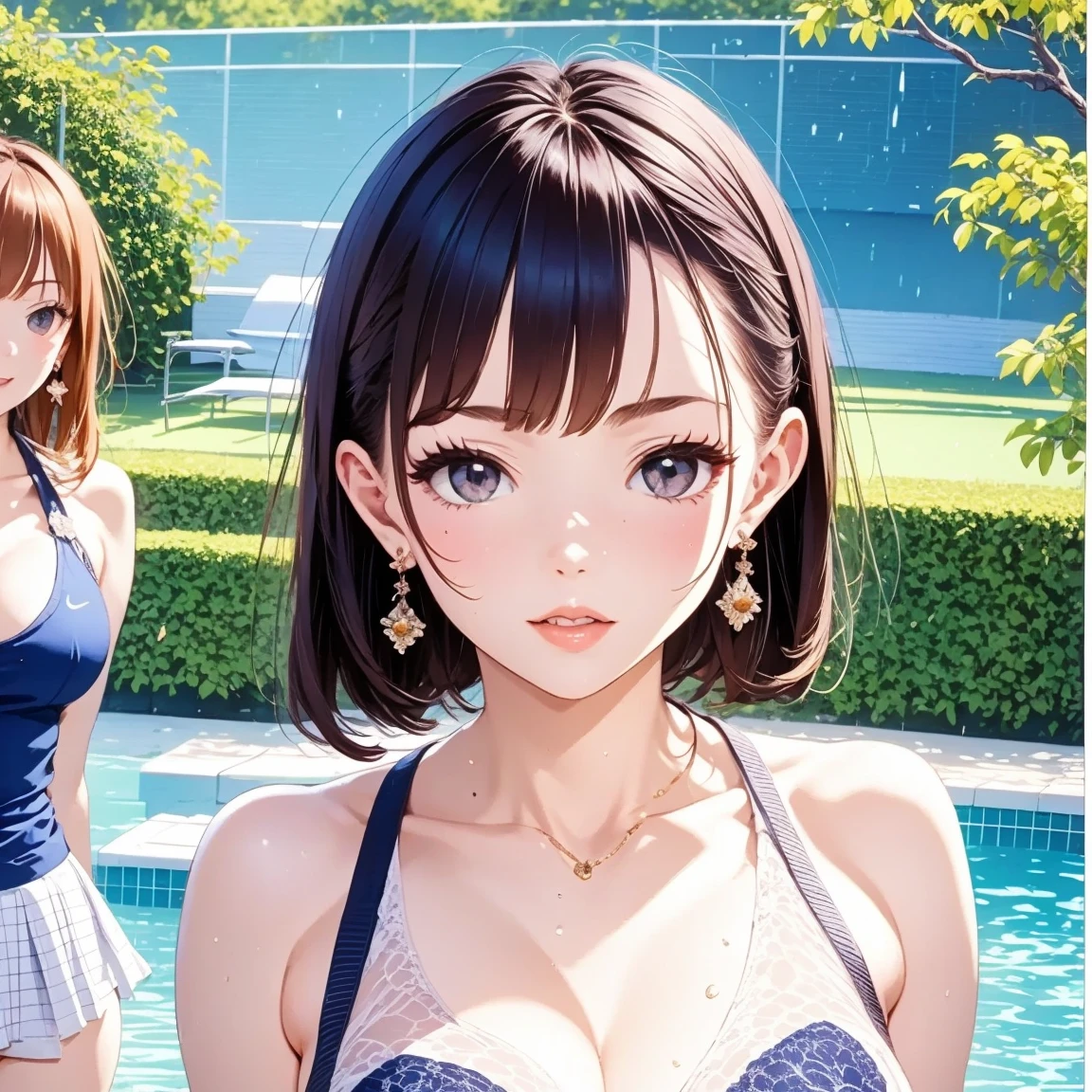 ((Highest quality、masterpiece、8K、Realistic、超High resolution、Very delicate and beautiful、High resolution、Cinema Lighting))、((Three Women:1.9))、((Mr.々Swimsuit、Each has their own unique hairstyle))、They all laugh happily、We have a good time together。In the background there is a clear blue sky and green trees々is spreading々i can see、The pool is filled with refreshing blue water.。