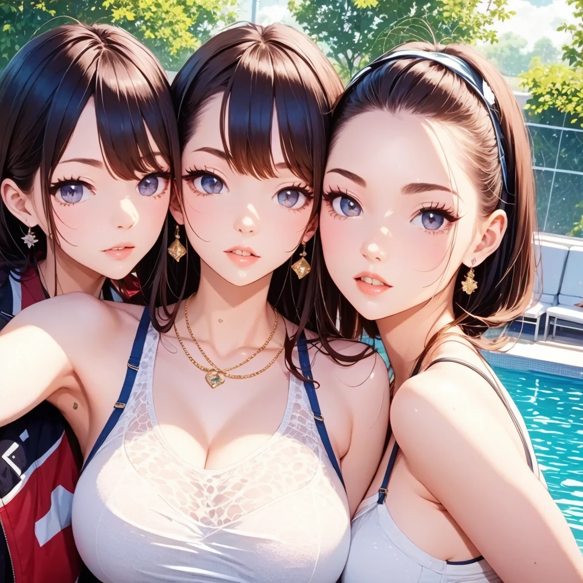 8K,masterpiece, bset quality,middlebreasts、(((3girls、in group photograph、in group photograph、Bring the subject to full view)))、Three people side by side、shinny skin:1.5、Shiny milk、 ((top-quality)), The bikini, colourfull、Crisp focus:1.2、Highly detailed facial and skin texture、A detailed eye、bule、face perfect、perfect bodies、art by、nffsw、Blur the background、the beach、suns、sand beach、The tree、(highlydetailed skin、beautiful detailed hair、Delicate beautiful face、seducting smile、美しくA detailed eye、Authentic skin texture)、(Colossal tits、20yr old、A MILF)、(Narrow-eyed、red blush、)、alluring face、perfectbody、Oiled skin, glistning skin、high gloss skin、Constriction、Professional Lighting、