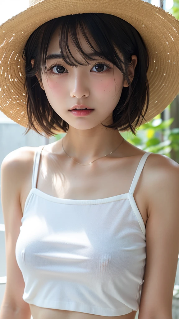 short brown-colored hair, wearing a straw hat, beautiful white-colored skin, wearing t-shirt colored white, glamorous figure, , small mouth, pouting teasingly, small nose, dimples, smiling, narrowed eyes expression, sweating, a little bit glossy face, in the cafe