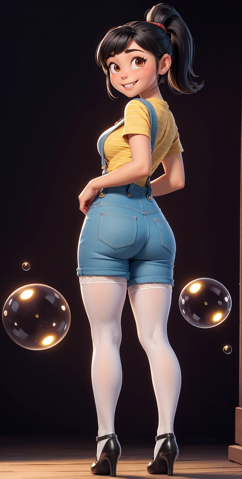Full body shot, full shot,(best quality:1.4),(shiny skin), body focus, (cute face), (((best quality))), illustration, ((Beautiful Finger)), , Beautiful body, Beautiful character design, ,perfect lighting, Colorful, Bright_Front_face_Lighting, ultra high res, highres, absurdres:1.2, bokeh:1.2, lens flare, (vibrant_color:1.2), (Beautiful, medium breasts:1.6), (thick thighs:1.1),((white stockings, THICK, in white laced stockings)),
Black hair with straight bangs and a ponytail with a red band, big round brown eyes, slightly blushed cheeks, smiling expression, wearing a striped yellow and blue shirt, blue tiny overalls , white cotton stockings, mary_janes , full_shot ,full body shot , (so tiny tight overalls), from behind, from back , bubbleass, bubble butt, tall platform_heels, perfect anatomy, sexy pose,