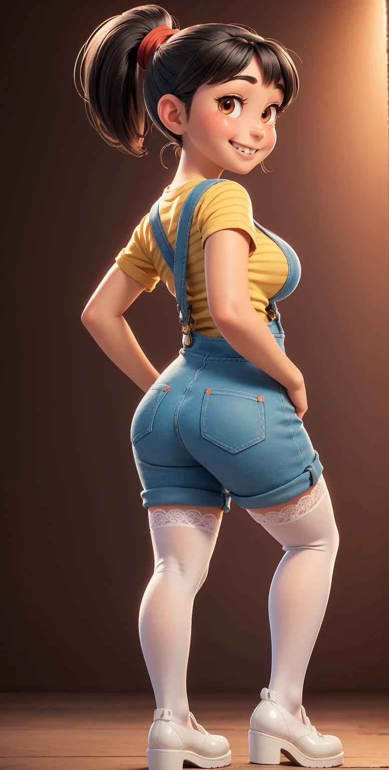 Full body shot, full shot,(best quality:1.4),(shiny skin), body focus, (cute face), (((best quality))), illustration, ((Beautiful Finger)), , Beautiful body, Beautiful character design, ,perfect lighting, Colorful, Bright_Front_face_Lighting, ultra high res, highres, absurdres:1.2, bokeh:1.2, lens flare, (vibrant_color:1.2), (Beautiful, medium breasts:1.6), (thick thighs:1.1),((white stockings, THICK, in white laced stockings)),
Black hair with straight bangs and a ponytail with a red band, big round brown eyes, slightly blushed cheeks, smiling expression, wearing a striped yellow and blue shirt, blue tiny overalls , white cotton stockings, mary_janes , full_shot ,full body shot , (so tiny tight overalls), from behind, from back , bubbleass, bubble butt, tall platform_heels, perfect anatomy, sexy pose,