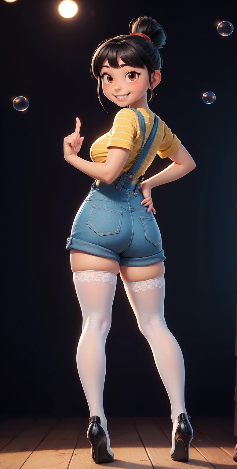 Full body shot, full shot,(best quality:1.4),(shiny skin), body focus, (cute face), (((best quality))), illustration, ((Beautiful Finger)), , Beautiful body, Beautiful character design, ,perfect lighting, Colorful, Bright_Front_face_Lighting, ultra high res, highres, absurdres:1.2, bokeh:1.2, lens flare, (vibrant_color:1.2), (Beautiful, medium breasts:1.6), (thick thighs:1.1),((white stockings, THICK, in white laced stockings)),
Black hair with straight bangs and a ponytail with a red band, big round brown eyes, slightly blushed cheeks, smiling expression, wearing a striped yellow and blue shirt, blue tiny overalls , white cotton stockings, mary_janes , full_shot ,full body shot , (so tiny tight overalls), from behind, from back , bubbleass, bubble butt, tall platform_heels, perfect anatomy, sexy pose,