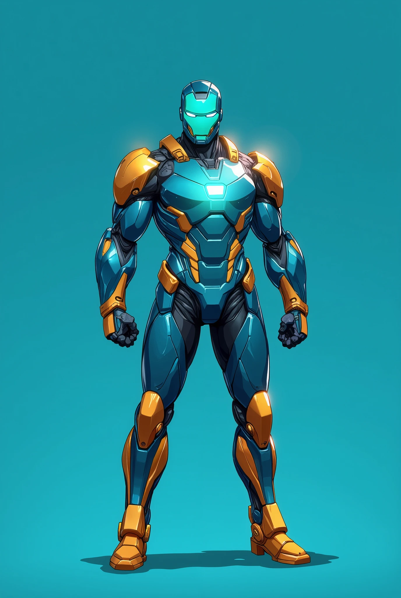 A 2D character reference sheet, a futuristic superhero wearing a fully all turquoise blue titanium and gold armor with square energy core on chest. The character has a large, a big shiny turquoise blue titanium round helmet with glowing green digital face features. The armour has fully gold colour hands and thighs. The armor is sleek and segmented armour plates divided, mechanical slim body, and bulky legs, athletic build. The design includes front, side, and back views. Background is flat teal. Style is ironman inspired with clean lineart, bold outlines, bright lighting, and vibrant coloring. Highly detailed.
