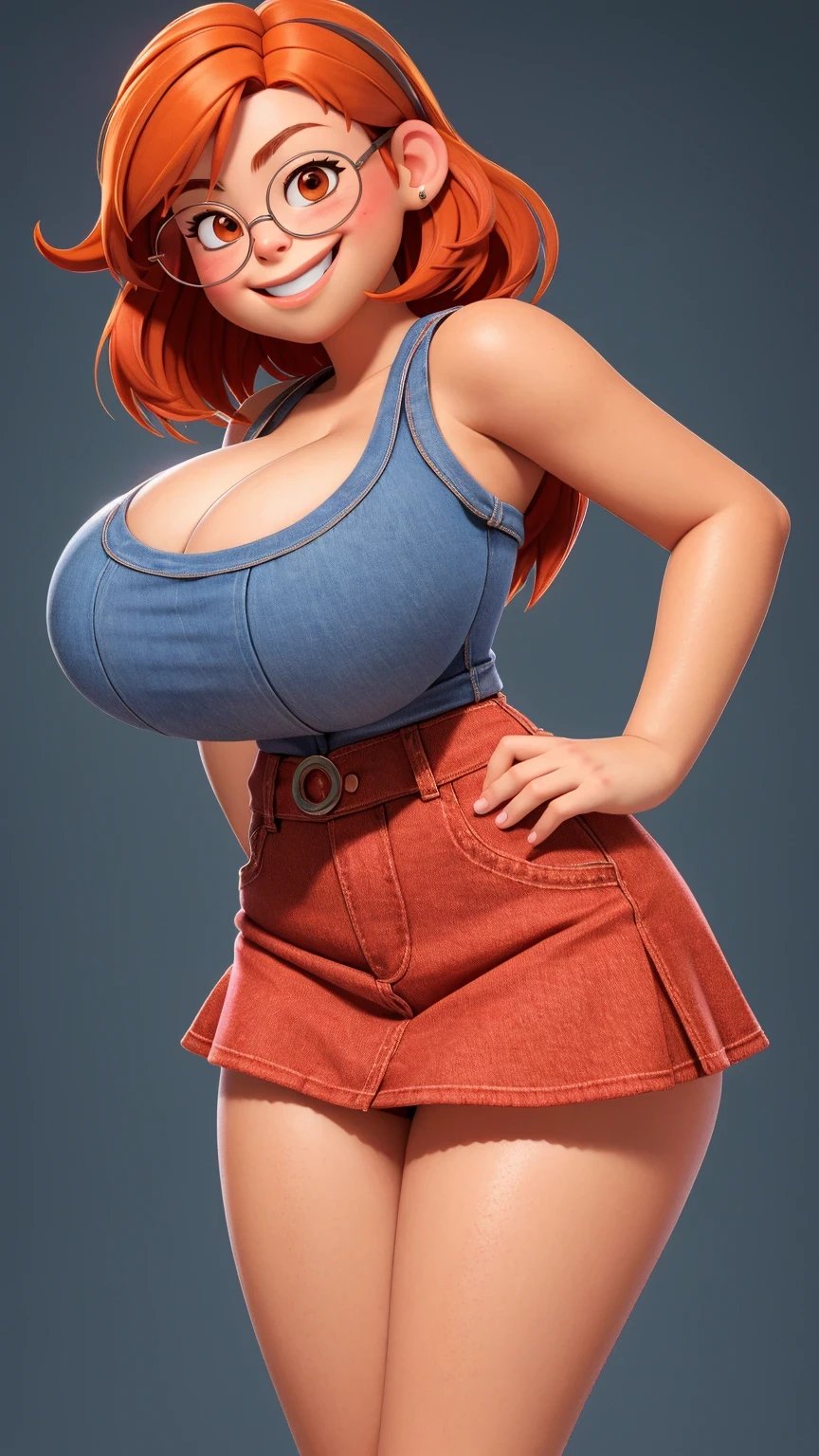Lucy Pinder, portrait, Face portrait, red lips, smiling, cleavage, Voluptuous woman, Chubby woman, straight hair, red hair, Long hair, short-sleeved t-shirt, gray t-shirt, showing abdomen, Short jeans.