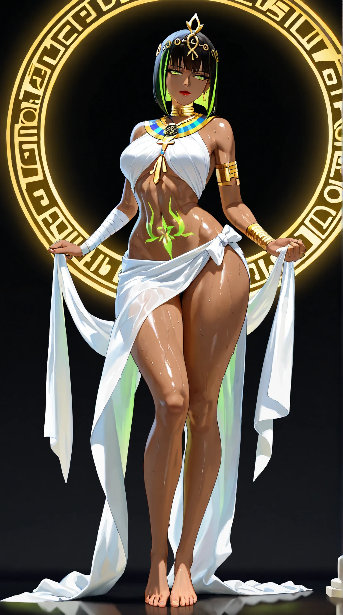 (masterpiece, best quality, high resolution, ((full body, standing,))((huge breasts)) an African warrior ((dark skin)), short hair, blonde hair, yellow eyes, long pigtails, pointed ears , halo, gold earrings and purples, golden choker, golden bracelets, full body fantasy amazon armor,
,full body