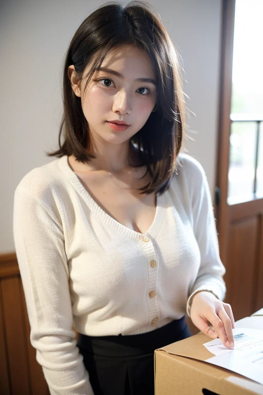 (tabletop, highest quallity, high resolution, , pixel perfect, 4K,), 1 girl, Solteiro, standing alone, beautfull woman、I could see the whole body、 ((medium length wavy hair, bangss, chestnut hair)), ((eyes browns, Beautiful eyelashes, realisitic eyes)), ((face detailed, blush:1.2)), ((soft texture:0.75, realisitic texture:0.65, realisitic:1.1, anime CG style)), Medium chest, dynamic angle, perfectbody, ((, Female teacher, , aretes、necklase、high collar sweater、Dark blue flared skirt、black knee high socks、、、a shy smile)), Great、、、natta、、Bring your arms together to emphasize your chest、leaning forward、low angle)、