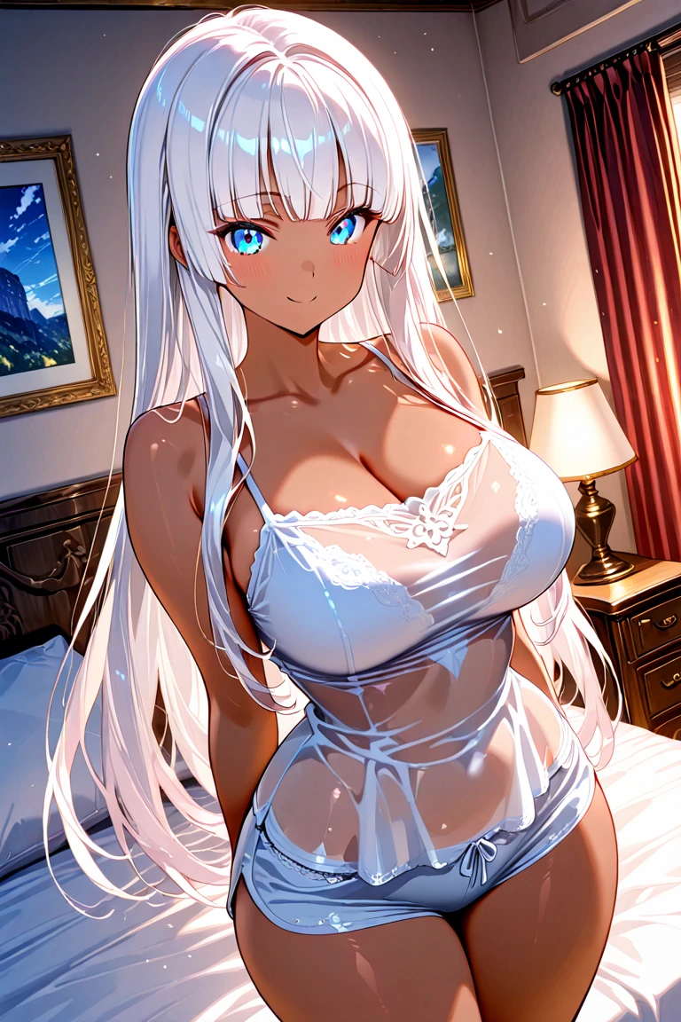 NSFW,((1man with 1woman,Doing)), Paizuri squeeze,paizuri,breasts blowjob,breast in 1penis,(Best Quality,4K,8K,hight resolution,masutepiece:1.2),Ultra-detailed,Beautiful Girl,Enchanted,Enchanting,cheerfulness,divine,magical effect,silver white hair,e Blue Eyes,pale pink wedding dresses,Bride's crown,small amount of sky blue cloth,Sophisticated clothing,detailed lace,Delicate frills,Bedroom,solo person,during night,lacepantyhose,sacred stripes,Smile with open mouth,Transparent costume,jewel decorations