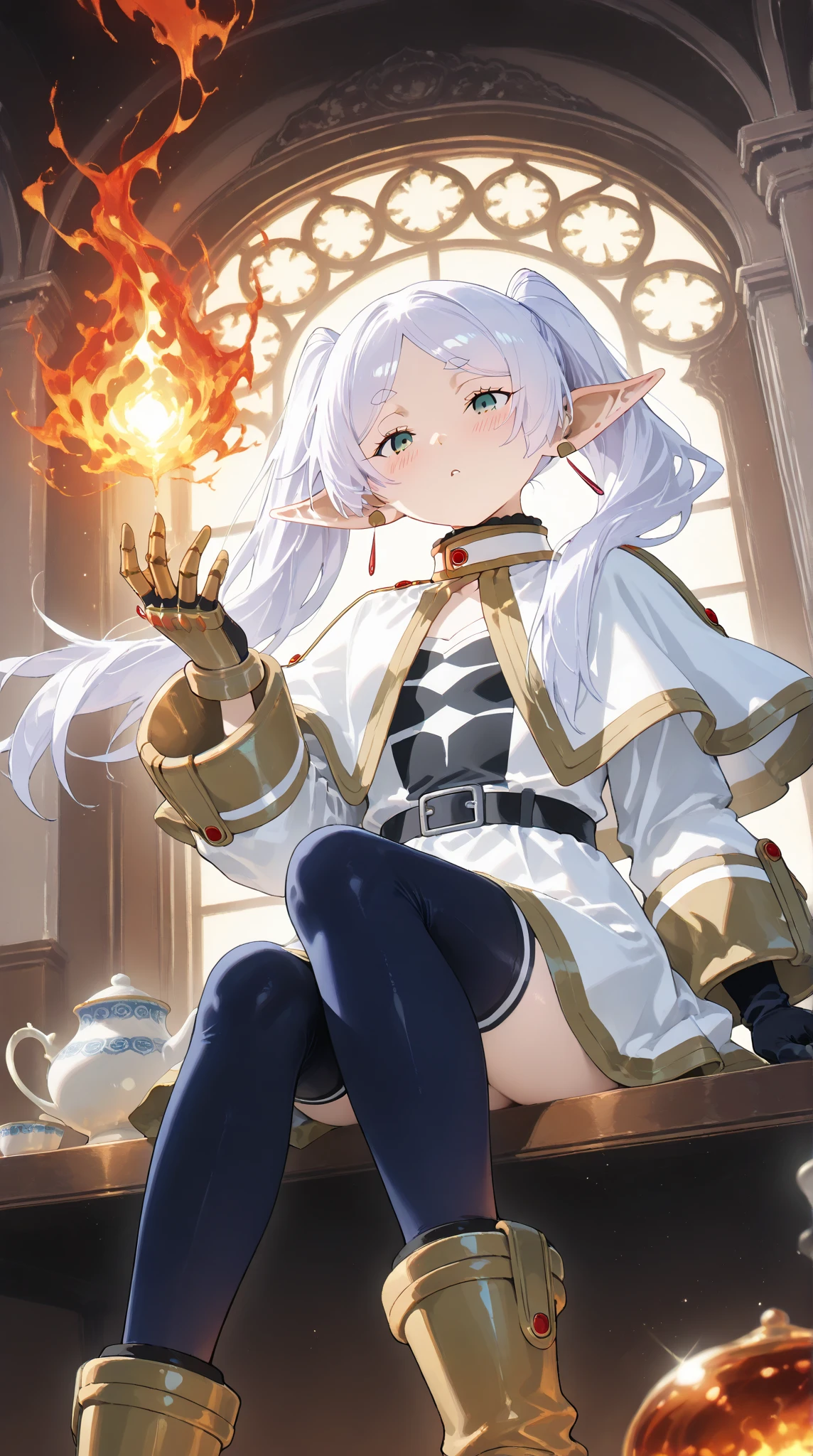masterpiece, Highest quality, Illustration of the novel, High resolution, 18+ Adult content, sensuous, Intimate, Emotional, Passionate, romantic, sweet, adorable, Innocent, Pure, Charm, Charm, Charm, mysterious, Charm, Charm, Immersive, Charm, dream-like, surreal, Imaginative, Whimsical, Artistic, Avant-garde, timeless, elegant, Sophisticated, chic, Sophisticated, personality, original, Charm Freezing, Pointed Ears, One girl, Twin tails, Gray Hair, alone, Black pantyhose tearing, boots, Brown footwear, capelet, knee boots, Magic wand, White Capelet, White jacket, Breaking, teeth, teeth focus, Camel Toe, Destroy the mimic chest,,Face Focus