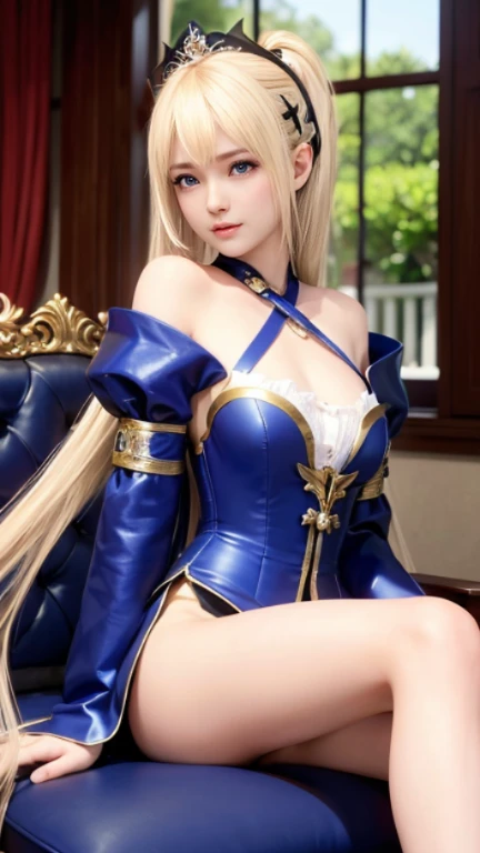 Artoria Pendragon（to know）,masterpiece、highest quality、High resolution、table top、wallpaper、realistic、bright lighting、professional lighting、face light、smooth lighting、japanese woman、adult、Beautiful woman、action、gravure、sexy、poor、super beautiful、beautiful skin、beautiful and detailed eyes、detailed face、slim、moderately、short hair、brunette colored hair、brown eyes、look at the camera、destiny/stay night, to know, middle ages,silver armor, blue eyes, golden long hair, strong will, hole々posture, elegant smile, noble atmosphere, sexy
