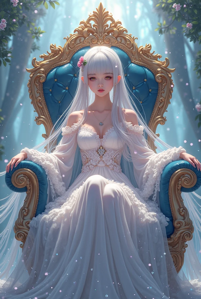 (Best character details:1.36),high quality background,(chandeliers),luxurious_furnishings,high quality light,high quality shadow,magnificent palace,magic chandelier,noble throne|diamond,all body close-up,an extremely delicate girl|solo:1.1,age:7,small breasts,looking to the side,round face|cute,delicate skin|smooth skin,collarbone,crown on the head,sitting on a throne,long_hair|white hair|curly hair|bright hair color|flowing hair|bangs,french braid on breast,exquisite   hairstyle,big eyesblue  eyes|seductive eyes|beauty eyes,(high quality fabric),black off shoulder dress:1.1|gilt lace:0.3|exquisite,legant jewelry, intricate_embellishments,magic symbols,glowing_accessories, magical items,bows, ribbons,white rose