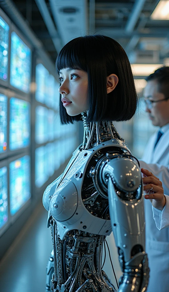 Female Bot A hyper-realistic female robot stands surrounded by holographic ...