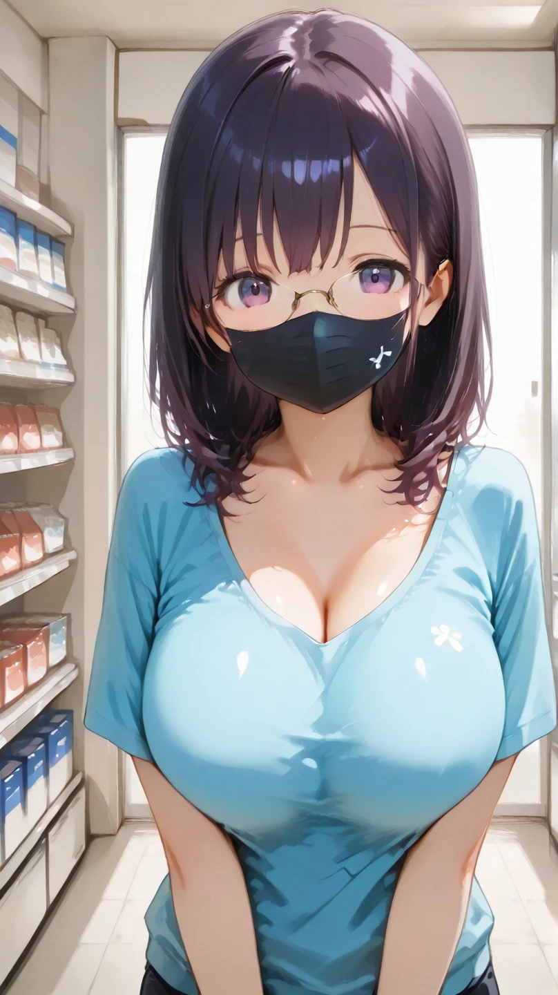 18 year old female, white ponytail, pink eyes, double coated, wearing non-woven dustproof clothes、Wearing a mask and hair cap、Blue rubber gloves(let me fit)