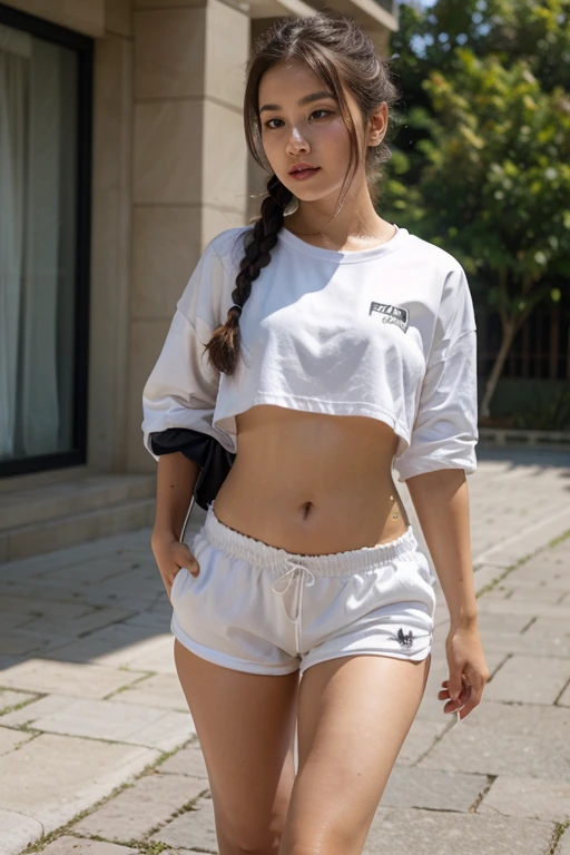 score_9, score_8_up, score_7_up, BREAK,
waist_shot, 1girl, standing, posing, skinny, narrow_waist, black_short_cropped_t-shirt, white_sports_thighhighs, short_gym_shorts, hyper_butt, bubble_butt, prefect_face, baby_face, young, light_makeup, cute, childish, lively, innocent, grey_straight_hair, blunt_bangs, rei_no_himo, underboob, wet_skin, shiny_skin, wet_clothes, wet_hair, cloudy, rainy, outdoors, in_the_park, duner_the_tree, cinematic_lighting, ultra_realistic_photograph, pastel_background_with_pastel_bokeh, Exquisite_details_and_textures, siena_natural_ratio, dynamic_pose, vibrant_light_and_shadow, grainy, colored_66mm_film_analog_photography, film, lomography, slight_dreamy haze_film_grain_effect