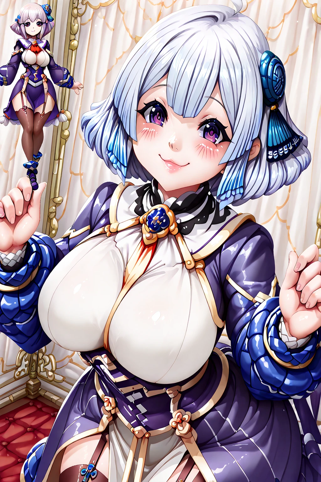 Adult woman, short white hair, blue eyes, ssmile, blue lipstick, The Queen's Transparent Dress, Gold Elements, Sleeveless, large breasts, open breasts, neckline on the chest, hiquality, 4k, HD, Good detail, nipple
