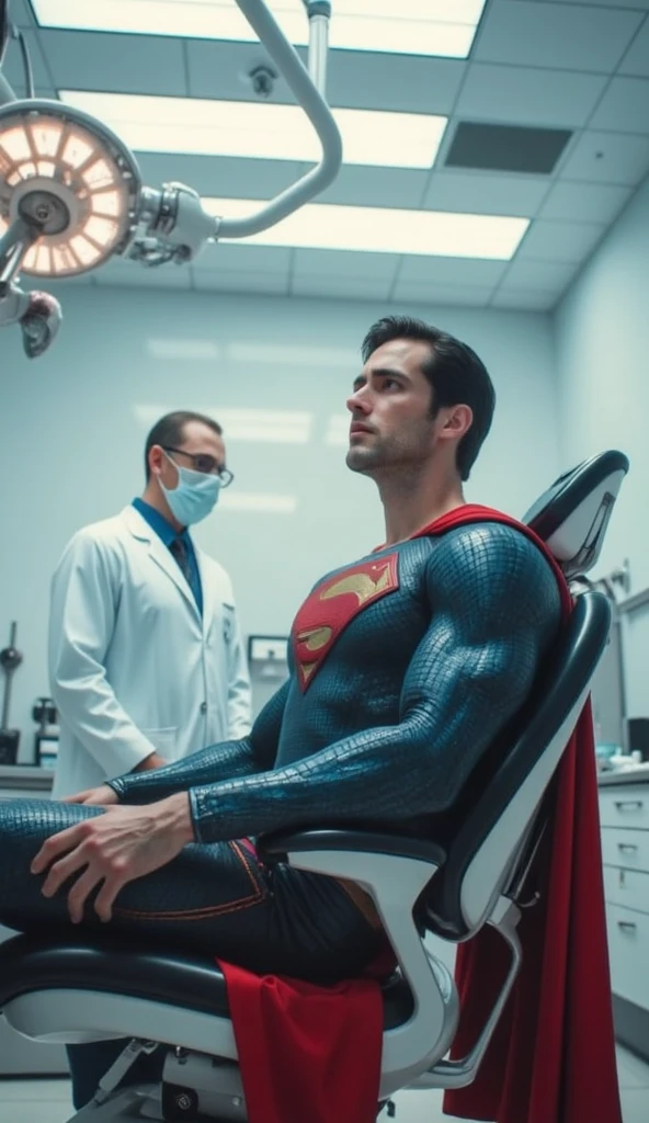 young handsome tyler hoechlin wearing classic Superman costume & tight red bikini briefs, is strangled & intruded by thick electric cables, struggling, exhausted, helpless. many electric wires & a hi-tech round electronic gadget is attached on superman’s big erected crotch & bulge is being drained, being assimilated into a supercomputer. trapped inside a futuristic lab.