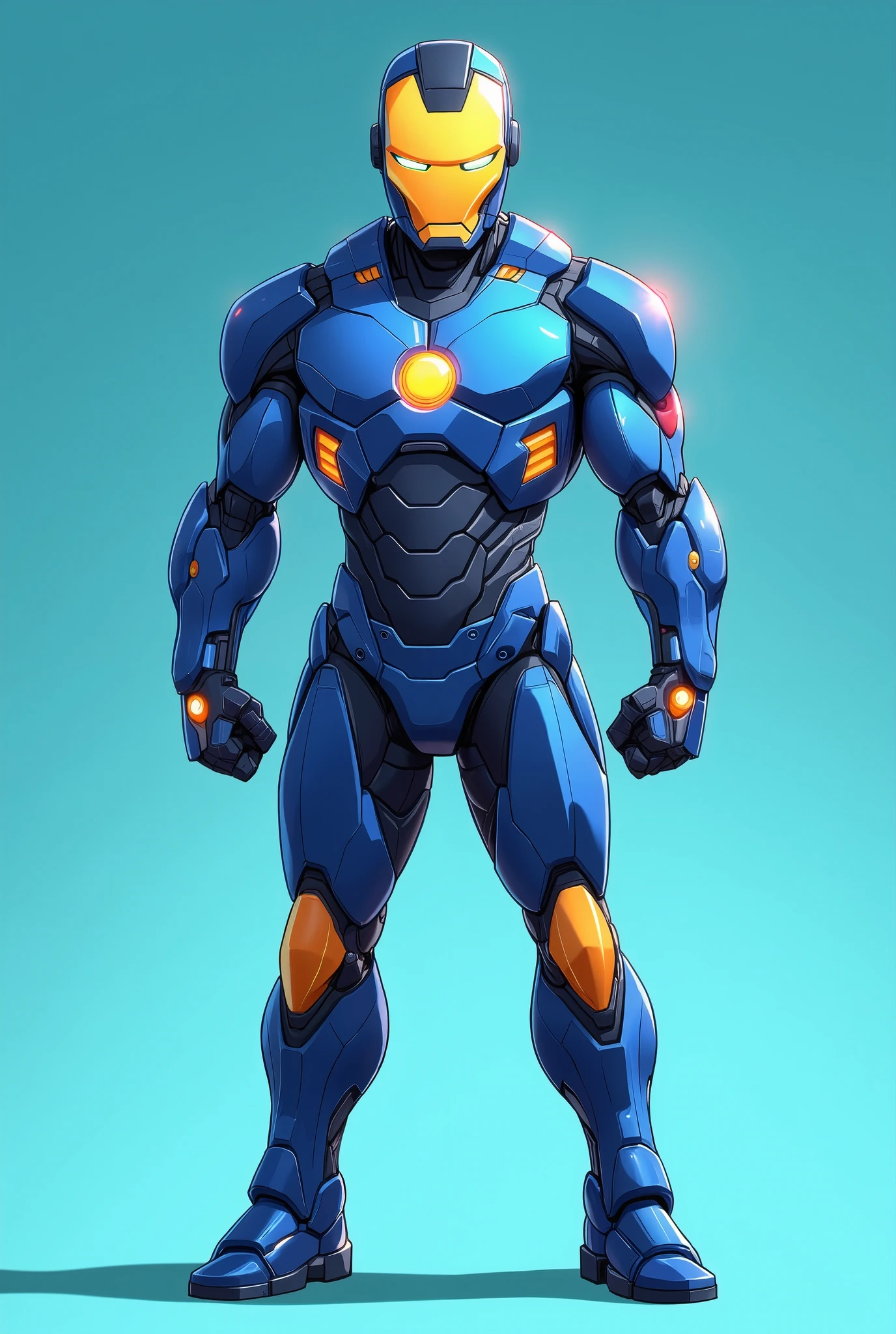 A 2D cartoon style character reference sheet, a futuristic superhero wearing a fully all sky blue titanium and gold armor with circular energy core on chest. The character has a large, a big shiny sky blue titanium round helmet with glowing yellow digital face features. The armour has fully gold colour hands and thighs. The armor is sleek and segmented armour plates divided, mechanical slim body, and bulky legs, athletic build. The design includes front, side, and back views. Background is flat teal. Style is ironman inspired with clean lineart, bold outlines, bright lighting, and vibrant coloring. Highly detailed.