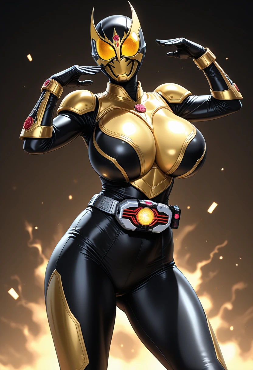 (masterpiece),(Highest quality),(Very detailed),(High resolution),8K,wallpaper,One Woman,Mature Woman,Big Breasts,Thick thighs,front,(Kamen Rider Uniform),(rider belt,gloves, antennae,black bodysuit,bodysuit, ,belt, armor, helmet)