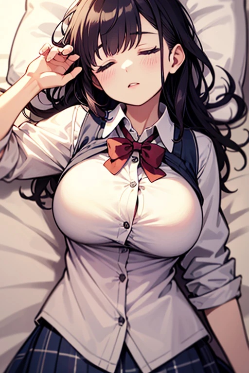1 girl,(lying on bed),embarrassed,(closed eyes),(screaming),tall,{(black hair),medium hair,(straight hair),hair between eyes},(big breasts:1.3),{school uniform,short sleeve shirt,break,(plaids skirt),(tie:1.2)},bra,spread
legs,(Fine eyes and skin:1.2),(Detailed facial features) ,(Perfect Style),(Beautiful Face)