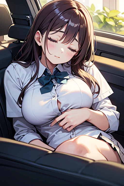 Cleavage,Detailed CG,Ultra-fine illustrations,masterpiece,Highest quality,BREAK(business suit:1.5)and(white collared shirt)BREAK,Realistic,Real person,RAW Photos,Realistic(Pale skin:1.2),Glowing Skin,Shiny Hair,(A 32-year-old woman with medium-length hair and bangs)and(Wavy Hair)and(Brown Hair),(eyes closed:1.5),The background is the back seat of the car,Alone
