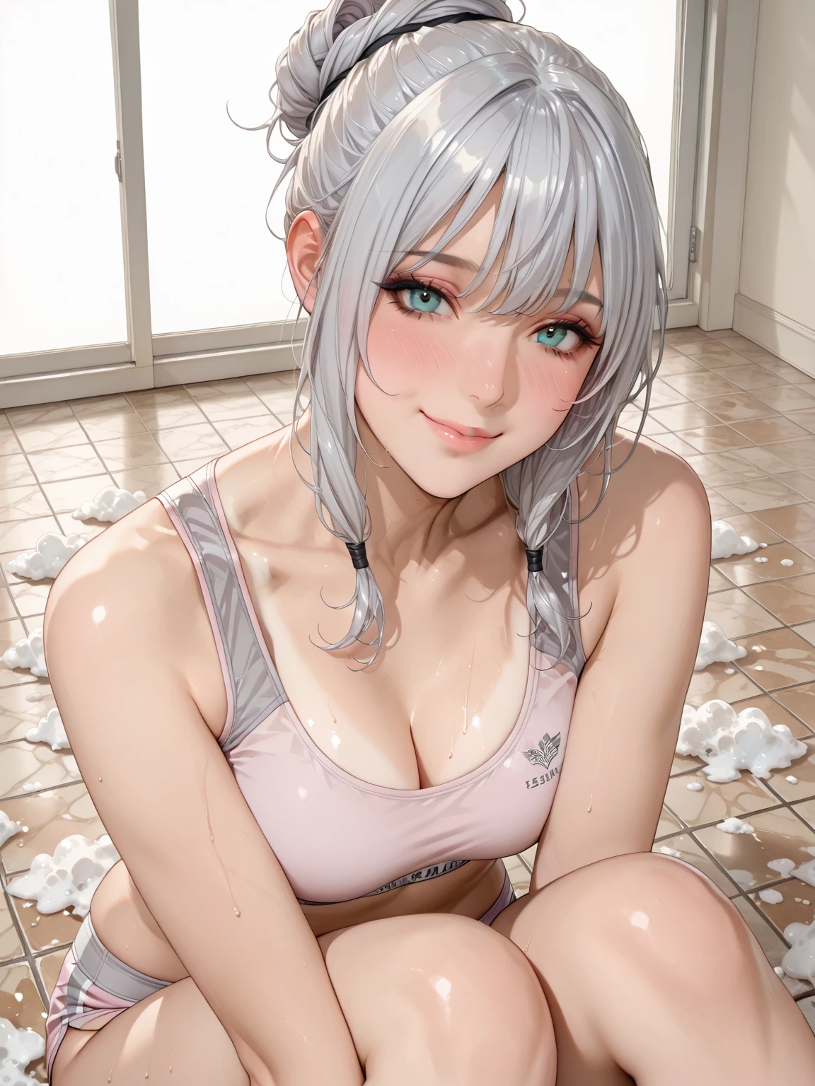 (Highest quality),(masterpiece), 8k,Very detailed, Detailed light, Best Shadow,Detailed reflective eyes, Beautiful Eyes, Very detailed face,Shiny Hair,sexy,1 girl, showing pubic area:, underboob, cleavage, JK, thong, crop top white shirt, sleeveless, sailor suit, super detailed face, lip details, half opened mouth, smile, fine green eyes, double eyelid, spread legs, one knee up, bedroom, Medium gloss, Beautiful thighs,Beautiful Skin,Glowing Skin