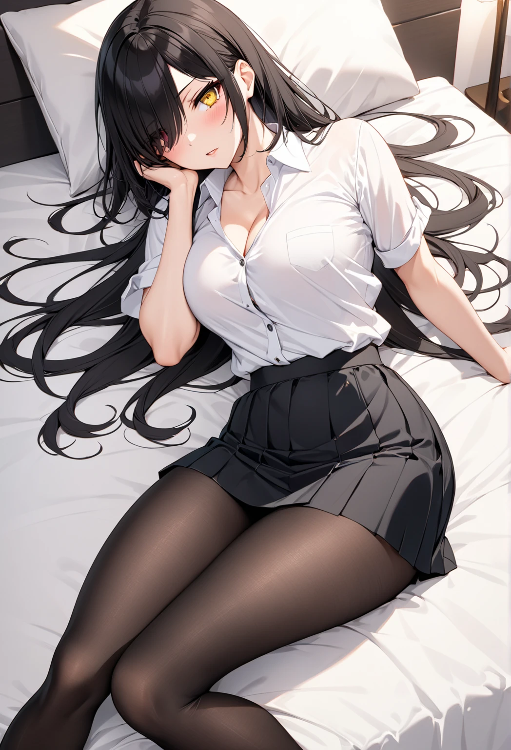 Mikasa Ackerman, long hair, teen, long sleeve white shirt, Red tie, medium breasts, lace boyshorts, black mid thigh stockings, black shoes. standing, bedroom, perfect body, perfect legs, perfect arms, perfect hands, Masterpiece, detailed