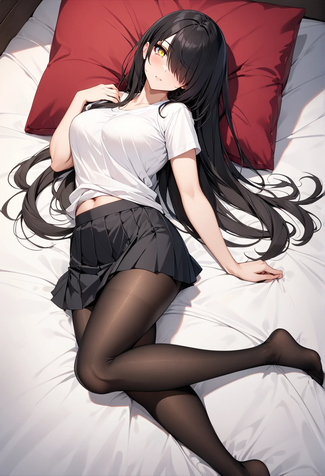 , solo, lying, blush, on bed, indoors, lying on bed, black pantyhose, long hair, asymmetry bangs,medium breasts, over sized long sleeve white shirts, see-through shirts, looking at viewer, from below,