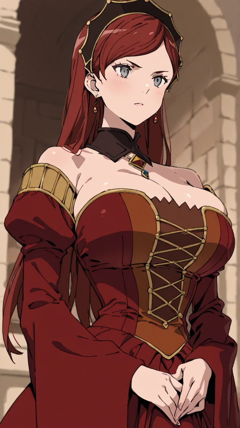 masterpiece, best quality, fatesanna, cape, white dress, cleavage, looking at viewer, :D, hands to hips, cowboy shot, village, autumn