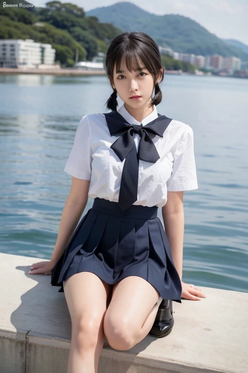 A lovely 21-year-old woman wearing a white skirt and tight skirt, open button, sitting on a horizontal wooden bench at the station, with her legs crossed.