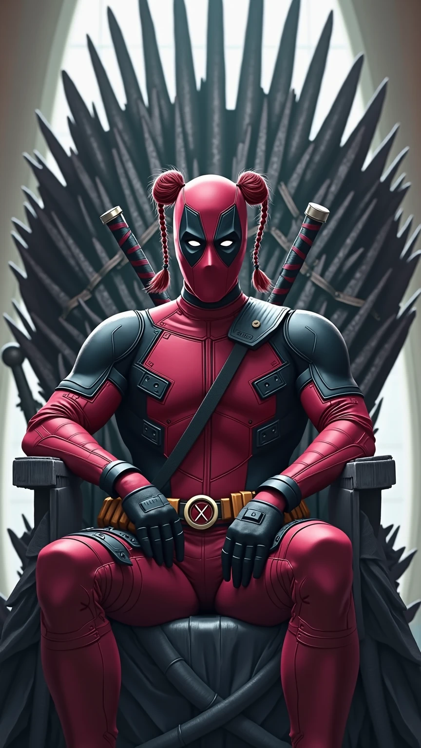 Digital art, masterpiece, outstanding quality, cinematic experience, incredibly detailed, anime style. Focus on the character, making her crisp and sharp with detailed features in the foreground, high detail and clarity. A front view of Deadpool sitting majestically on the Iron Throne from Game of Thrones, holding a katana rested on the throne, with a Sailor Moon-inspired hairstyle featuring two high, symmetrical odango (bun) pigtails with long flowing side braids. Deadpool looks regal and confident, detailed and vibrant art style.
