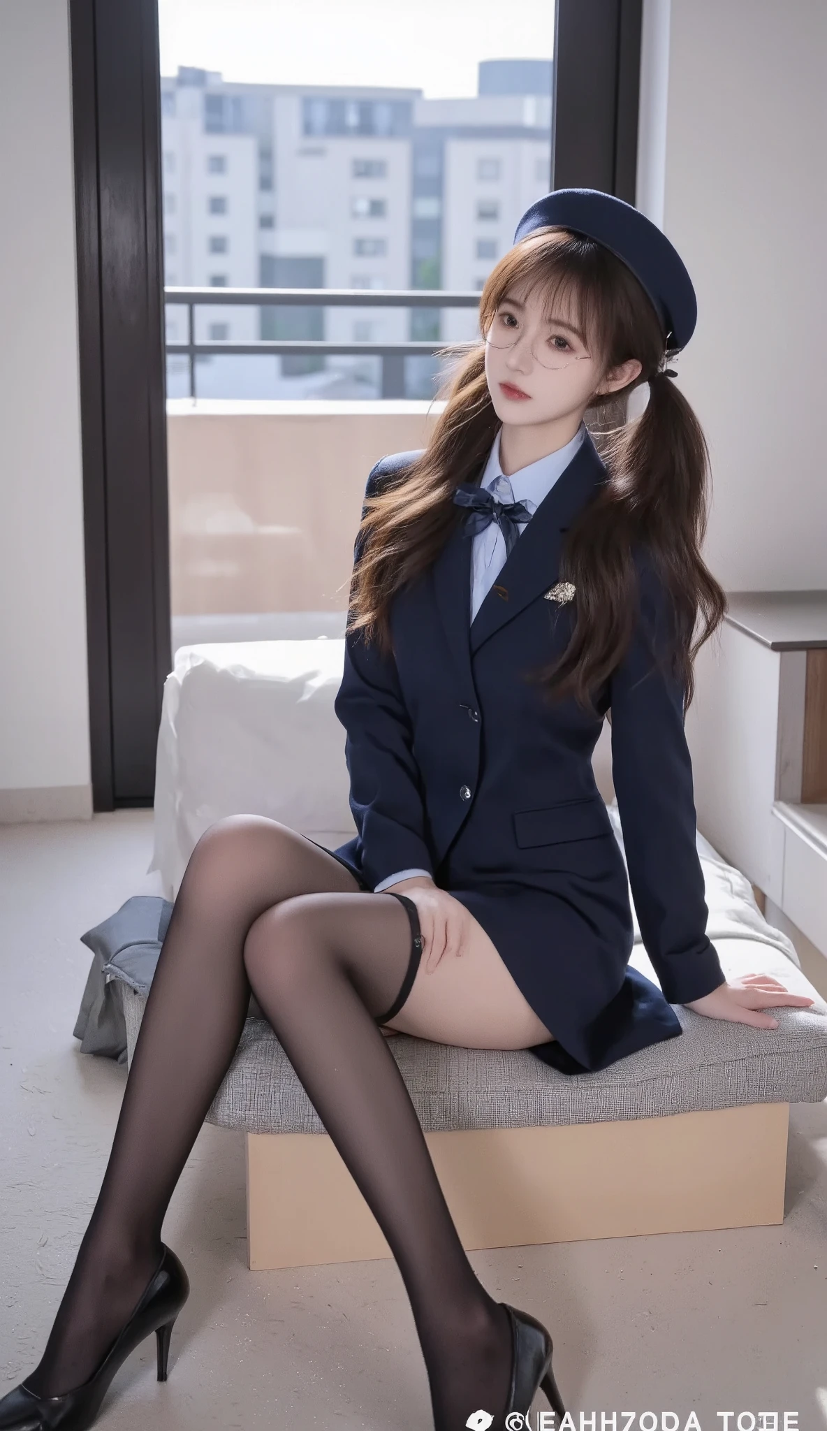 a beautiful lady,long hair flowing,Wearing a delicate dark blue office lady uniform,showing the charm of mature youth。adding a touch of mystery and sexiness。, she was sitting in the hallway shrouded in soft light,Confident and charming ,} The floor is carpeted 。 The picture is rich,Wear a Hat, Bright Colors, Ultra HD Quality 。Legs,Slim black long socks,round frame glasses, double ponytail