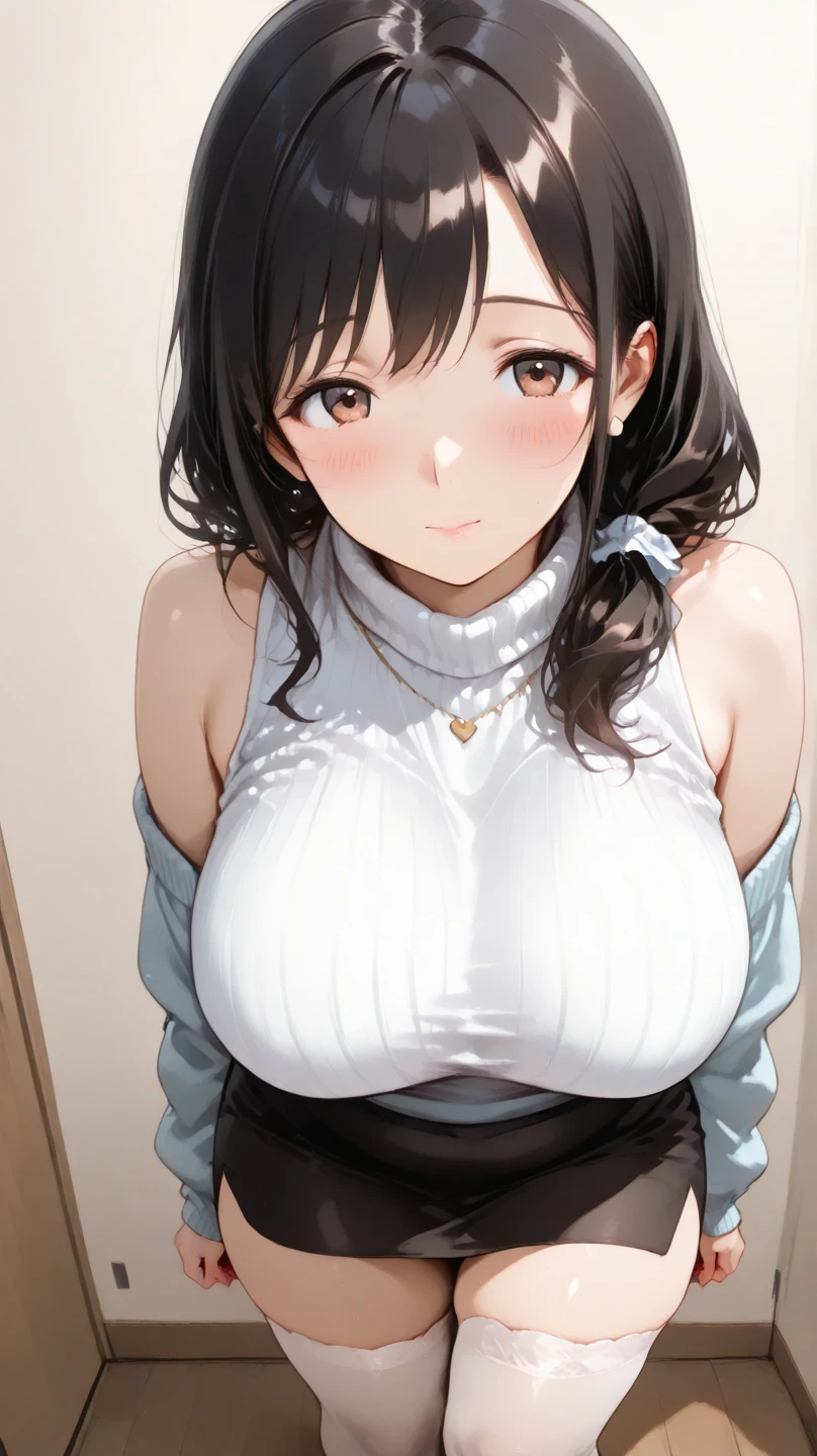 (best quality:1.5, highres, UHD, 4K, detailed lighting, shaders), white curly floral haired, gradient hair, large breasts, suit, T-shirt, social shirt, short skirt, mature woman , (pov), white background, colorful eyeshadow, dramatic lighting, sparkling eyes, sensual expression, golden earrings, flowing hair, delicate facial features, brown skin, high cheekbones, urban setting, black background, dont look for the camera, lean forward, sitting on a chair upside down,  behind  the camera