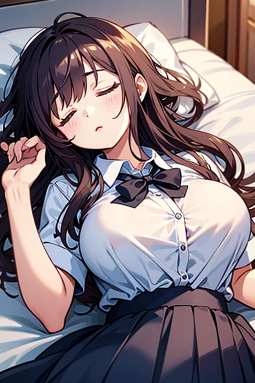 Italian girl, very long brown hair, 25 years old, super gigantic wet breasts, she is a prisoner in a dark horror movie bedroom, she is lying on the bed, her hands and feet are tense and tied with ropes to the bed, she is wearing a small torn blouse. black pleated miniskirt, bare feet, black lace bra, unbuttoned shirt, slave collar