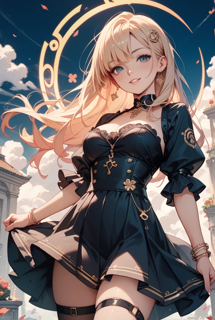 masterpiece, high quality, 4K, Beautiful design, silhouette，blonde， 非常に詳細な夜のStarry Sky,Flower Field， wonderful, Finer details,  Very knowledgeable woman, Highly detailed solo, 1 female,Big Breasts，Gothic Lolita Fashion，２he&#39;Cross your guns in front of your chest.，Night view，Starry Sky，full moon，