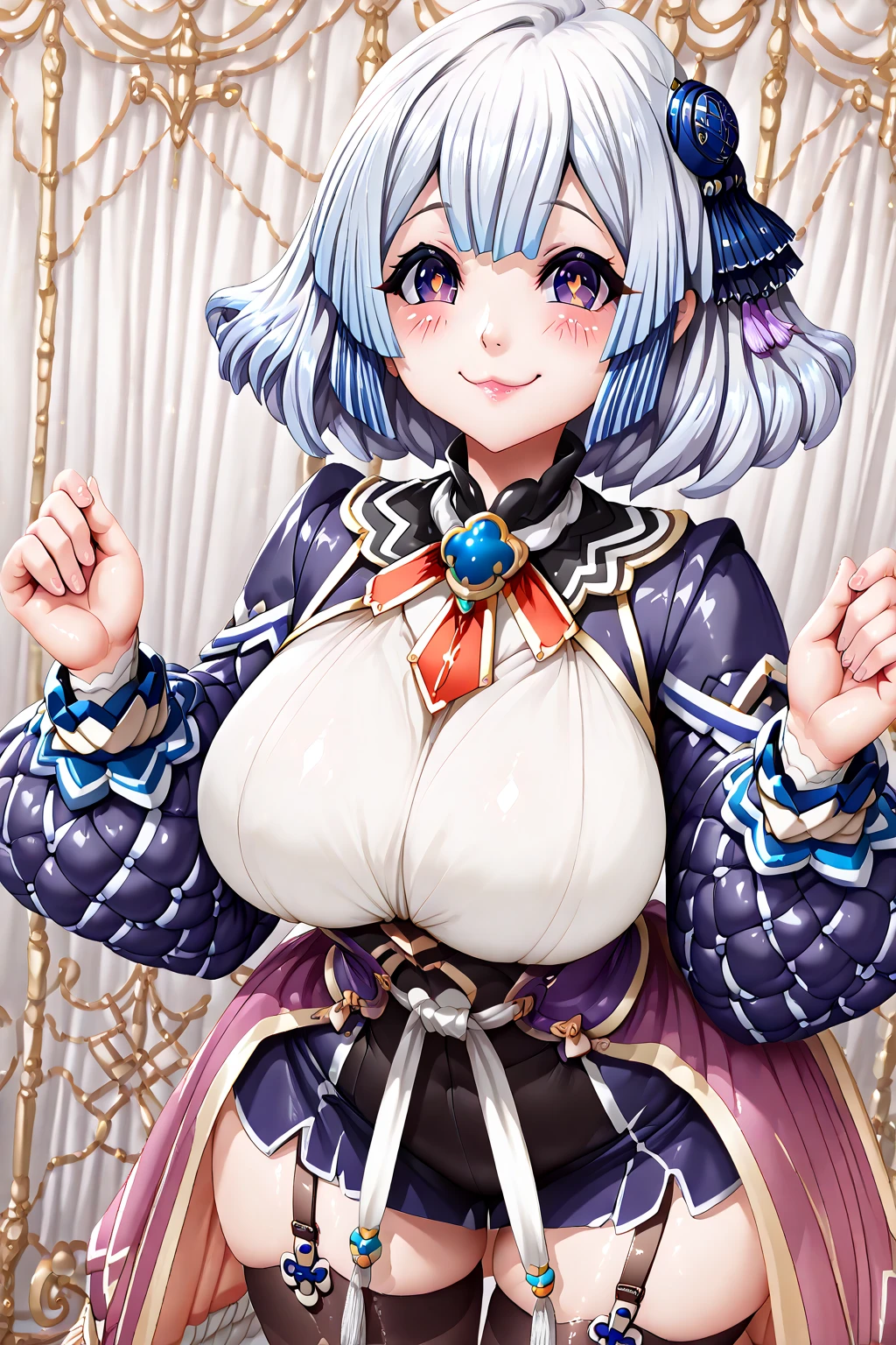 (masterpiece), best quality, expressive eyes, perfect face,1girl,raiden shogun,genshin impact,japanese garden,lightning in the air,(purple magic wand),holding,holding wand,shy smile,blush,cowboy shot,glowing eyes,big breasts,cleavage,bare shoulder,(magical girl:1.6),thighhigh stockings,studio lighting,(sparkle:0.9),(glitter:0.9)