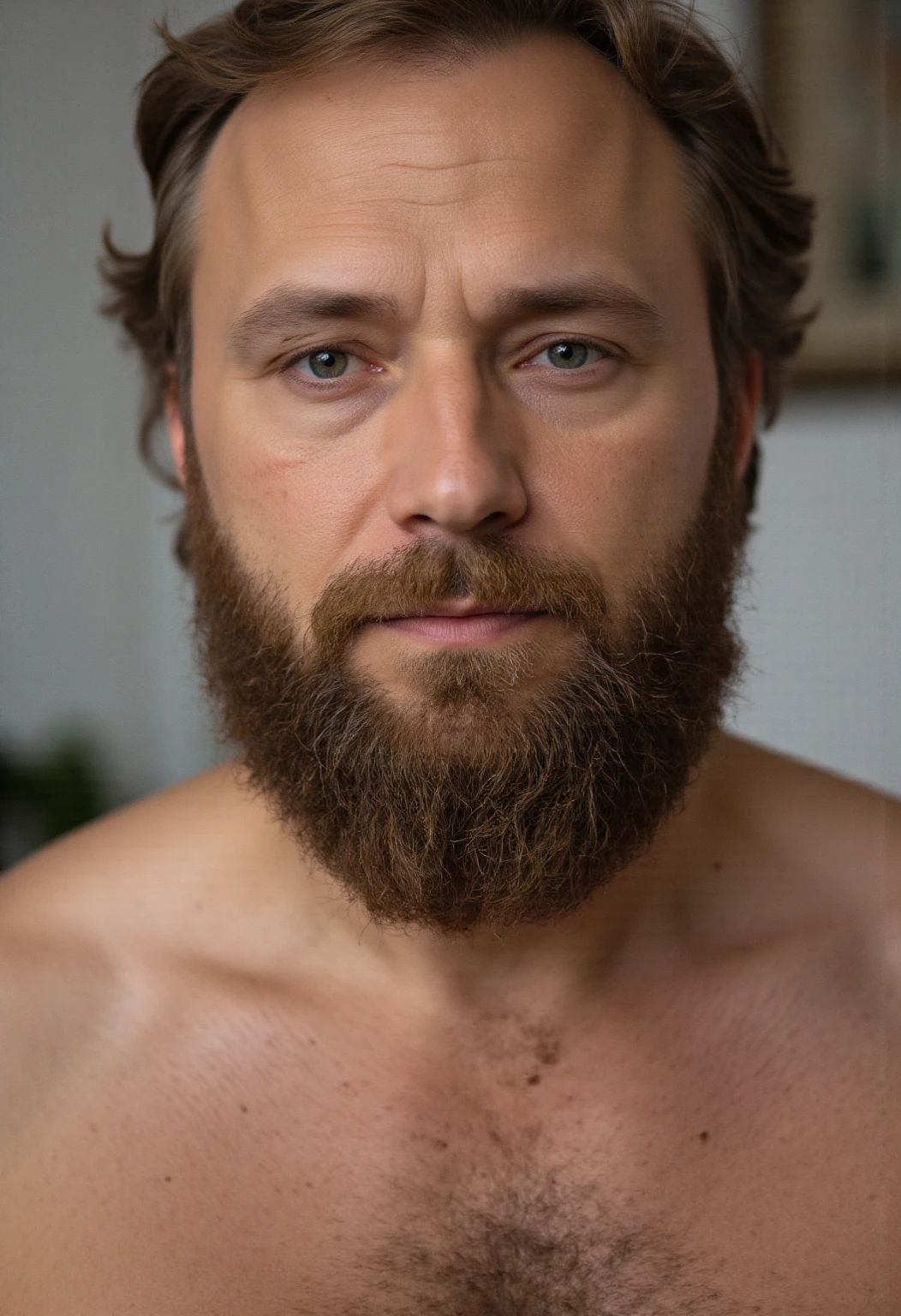 "Capture an 8K, hyperrealistic portrait of a man around 50 years old. He has very short military-style fade haircut, with a rugged beard that gives off a lumberjack vibe. His piercing green eyes gaze directly at the viewer. The scene shows the man from the chest up, revealing his heavily hairy chest and the top of his stomach, showcasing a chubby physique. He is shirtless against a deep black background, with a clear, bright studio lighting effect illuminating evenly across his face and body. The image should focus on the intricate details of his facial features, beard texture, and chest hair, rendered in the hiperrealista style. Drawing inspiration from Greg Rutkowski's photography, maintain a high level of realism while highlighting the man's rugged and natural appearance."