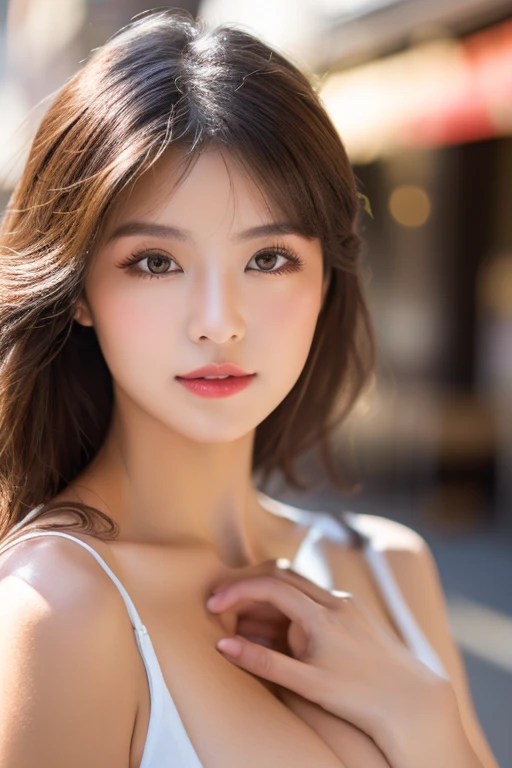 ((Best quality, 8K, masterpiece:1.3))，1girl，18 years old，Asian，Real texture:1.3，(Background blur:1.1)，Gorgeous long dress，Tall and slender figure:1.2，(Hot summer weather)，（street:1.3），Highly detailed face and skin textures，Exquisite eyes，Long eyelashes，Double eyelids，Skin Whitening，happy，Various postures，Big breasts