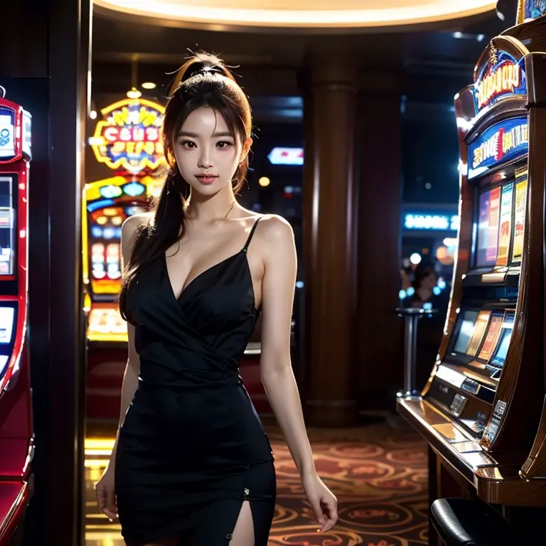 black tight shirt:1.2, look at viewer, movie light, perfect, soft light, high definition skin:1.2, Realistic skin texture, Korean woman in her 30s、small face、No makeup、, off shoulder,B cup breasts、 The rift revealed, conjunctivitis, short hair, dark brown hair、naked、 (random background,In casinos,VIP casino room, Modern Casino Console, Modern Slot Machines )