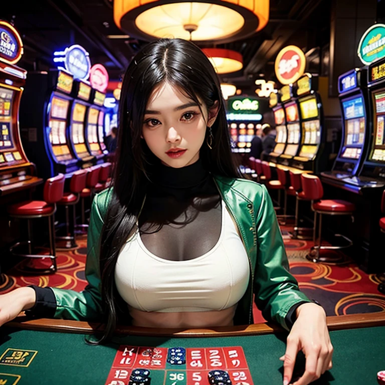 (8K, Raw photo, highest quality, masterpiece:1.2), looking at the viewer, double eyelid, Photo of Japanese actress.playboy bunny,Bunny ears, black Bunny ears, fake Bunny ears, pantyhose, black pantyhose,bow tie, wrist cuffs, black leotard,, casino,Roulette table, poker chips, slot machine,chandelier