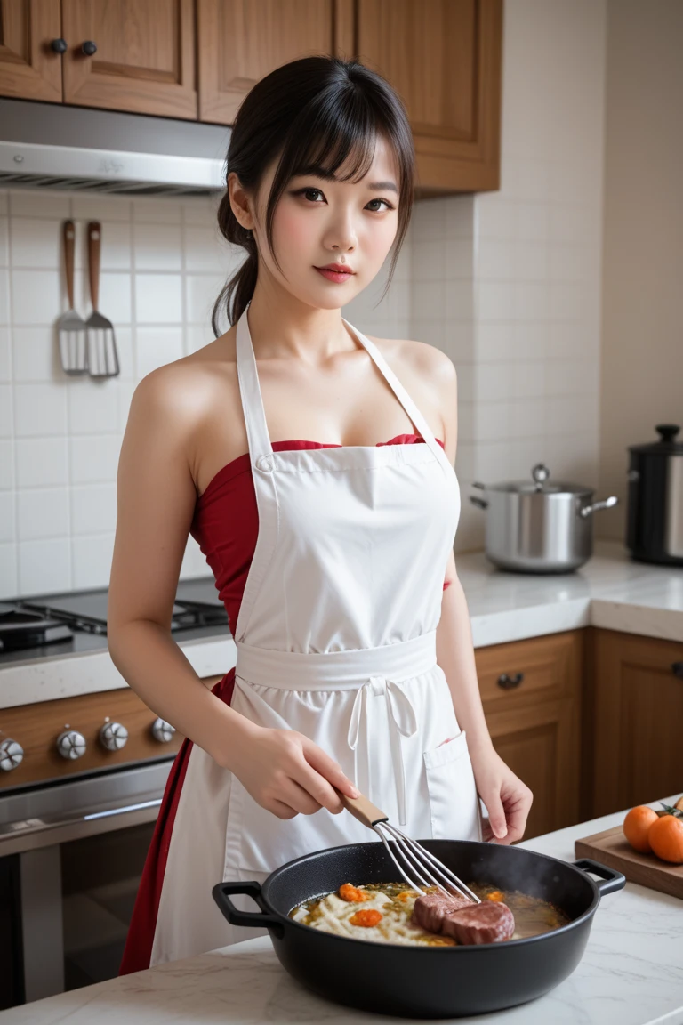 masterpiece, super detail, high quality, award winning, 8k, (girl aged 20),  nude Asian girl wearing apron (sideboob) preparing sushi behind traditional restaurant wooden counter, dark ambiant lighting, working pose, girl not looking at camera