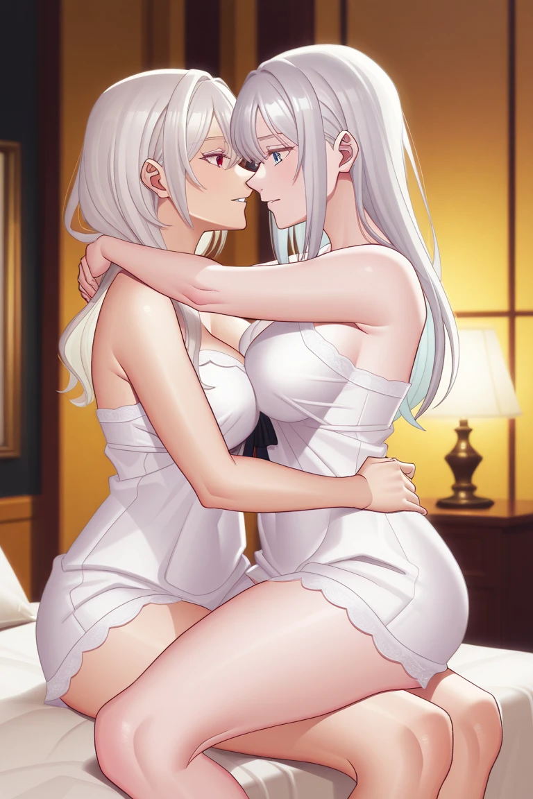 Softly lit bedroom scene: Two stunning girls with ethereal white locks frame their faces and cascade down their backs like a lunar waterfall. Fiery red eyes fixate in a sensual gaze as they tenderly explore each other's curves, soft caresses that precede the passionate kiss. both naked without any clothes in the middle of a playful bedroom atmosphere. Framed by soft focus, this intimate scene radiates purity and innocence, frozen in time like a moonlit nocturne.