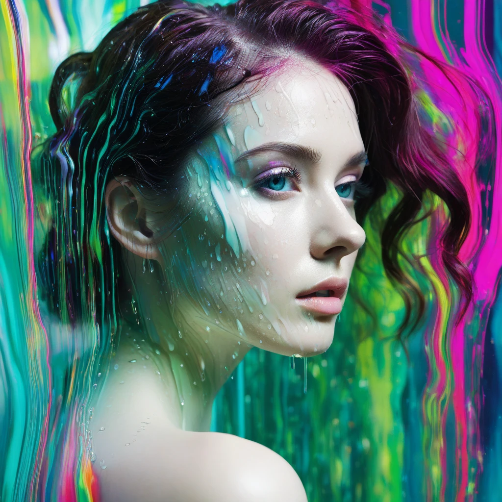A film still from an indie avant-garde drama, intricate pattern, luminous designs, ink drips, a colorful but haunted woman, film grain, professional photography, studio quality, soft lighting, tone mapped, highly detailed, dramatic lighting, cinematic, 8K, incredible shadows, (highly detailed background:1.0), masterpiece