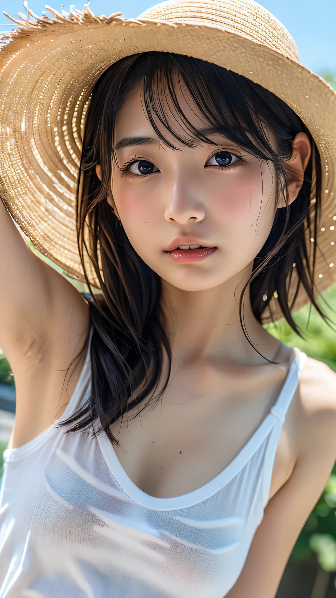 masterpiece, Highest quality, Very detailed, sexly, On the Farm,Wearing a big straw hat、Naked and in overalls,Japanese women、Baby Face、round face、light makeup、Sweaty、(Please show me your whole body),((Raise dairy cows)),((Sweaty)),smile,(((During farm work))),((後ろ姿)),black eyes,お尻を見せてください