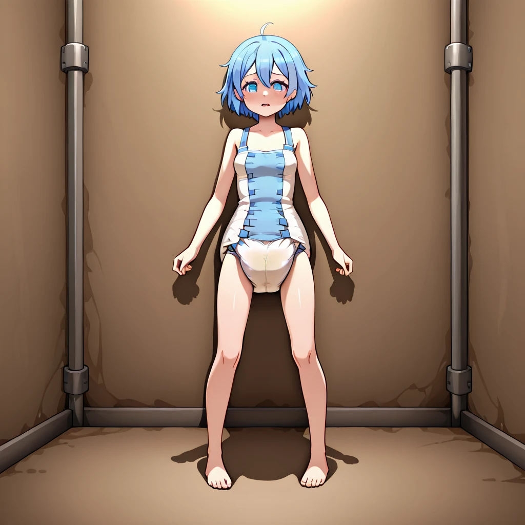 One naked girl、No clothing on、Being in the dungeon、Trapped in a very narrow birdcage、Standing behind the bars、Expressionless and dead-eyed、Have empty eyes、A streak of tears is flowing、Being tied up with hands behind back、Light blue hair、blue eyes、Standard Bust Size、Nipples、Pussy、Liquid dripping from the crotch、Wearing a floral ornament on her head、Condensed milk is poured all over the body、Condensed milk on your hair、condensed milk on the face、whole body、A view from outside the cage、Yellow urine leaking from between her legs